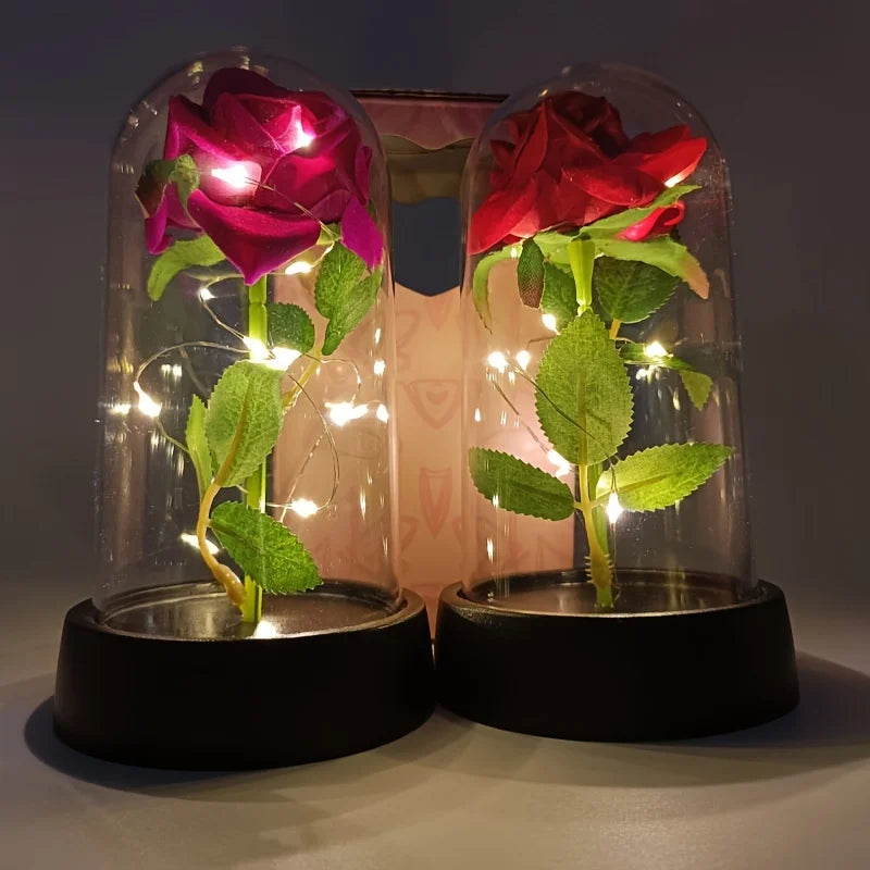 Rosa Encantada com Luzes LED em Cúpula de Vidro - Bela e a Fera